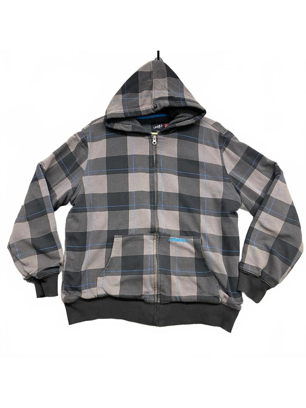 Vintage 2000s O'Neill Plaid Zip-Up Hoodie Fleece Lined Gray Black Blue Size M